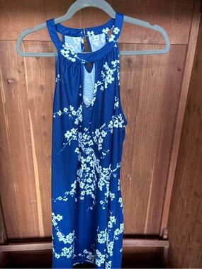 Navy Blue Floral Keyhole Halter Dress